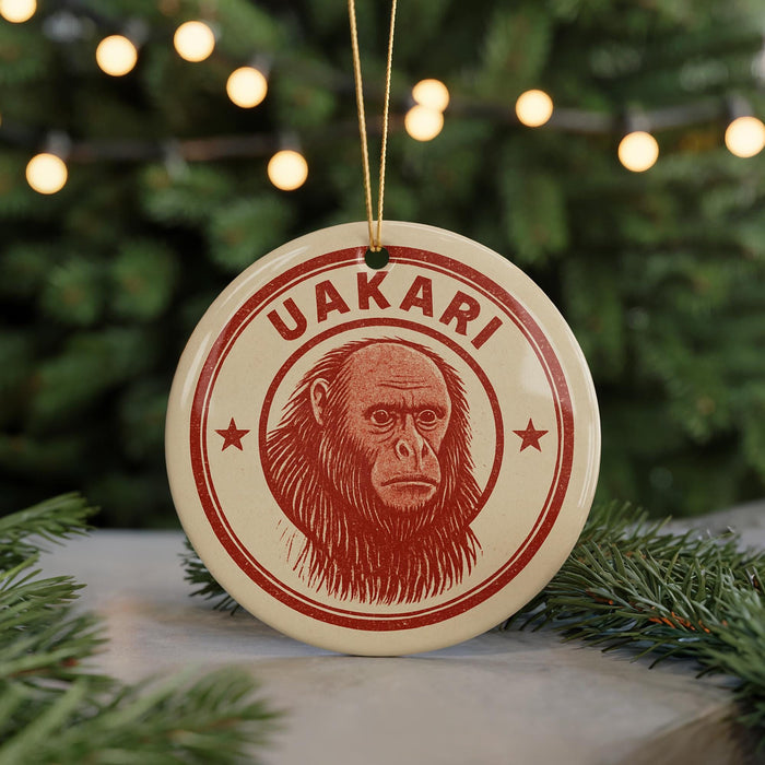 A circular ornament with a red and white design featuring a monkey's face, hanging from a string against a background of Christmas lights and greenery.