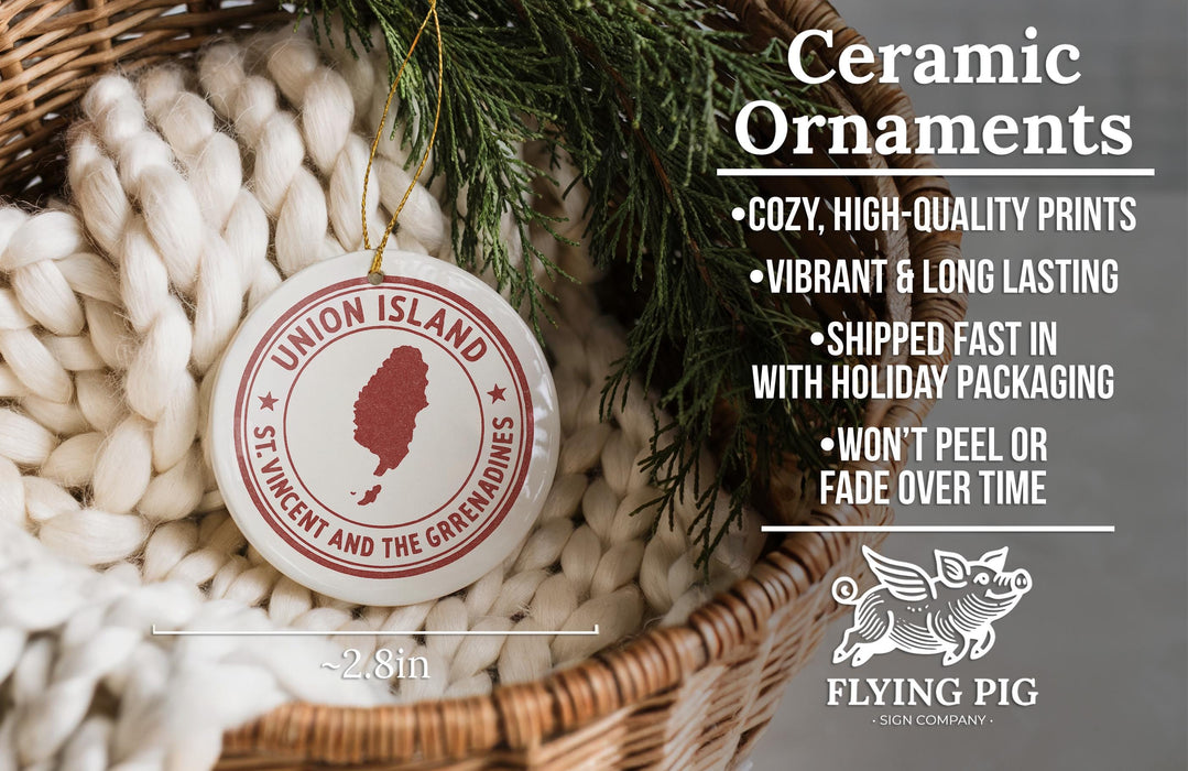 Ceramic ornaments, featuring a white ceramic ornament with a red and white design, hanging from a wicker basket.