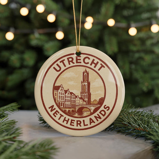 A circular ornament with the text "UTREcht Netherlands" and an illustration of a cityscape, hanging from a string.