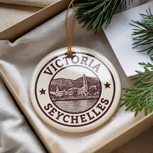 A decorative ornament with the text "VICTORIA SEYCHELLES" printed on it, hanging from a string.
