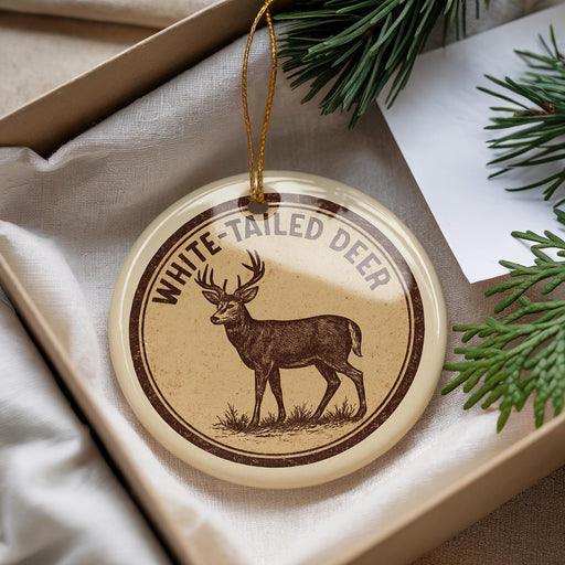 A round ornament with a deer image and the text "WHITE TAILED DEER" is displayed in a box with pine branches.