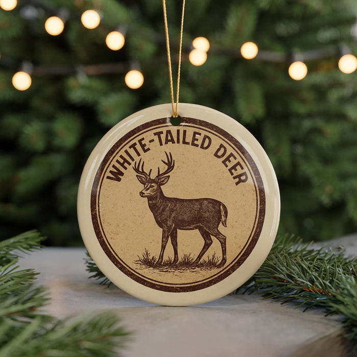 A round ornament with a deer image and the text "WHITE-TAILED DEER" on it, hanging in front of a Christmas tree with lights.