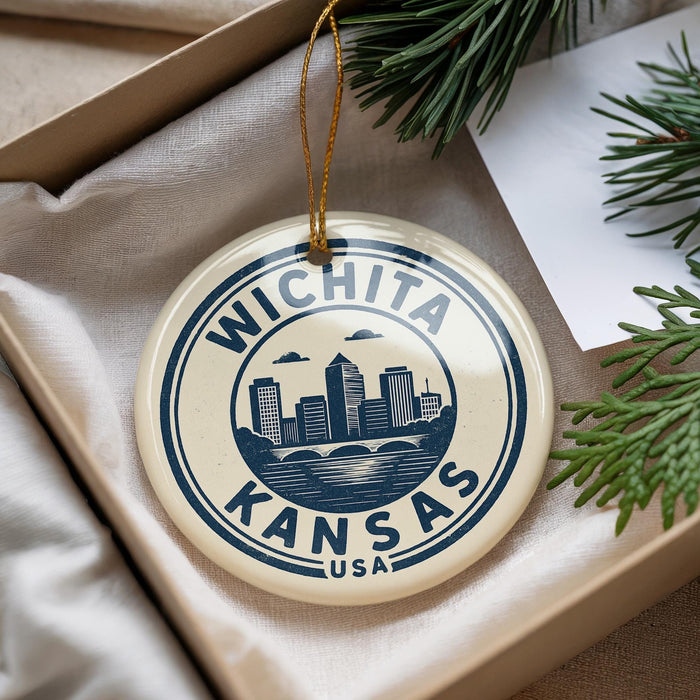 A decorative ornament with the text "WICHITA KANSAS USA" printed on it, hanging from a string.