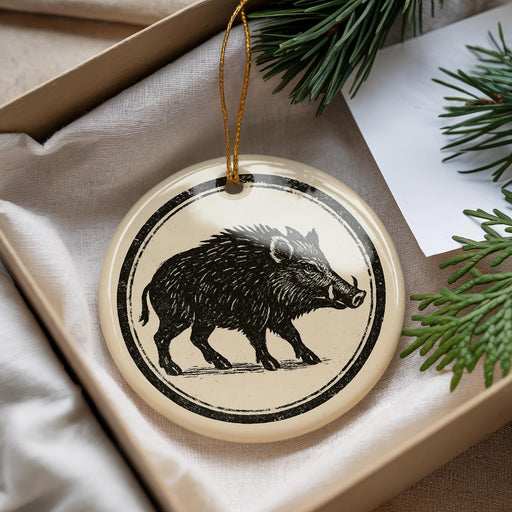 A decorative ornament featuring a black and white illustration of a wild boar is displayed in a box, surrounded by pine branches.