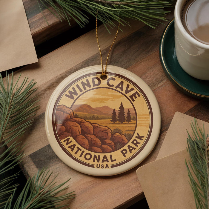 A circular ornament with the text "WINDCAVE NATIONAL PARK USA" and an illustration of a mountain landscape is displayed on a wooden surface, surrounded by pine branches and a cup of coffee.