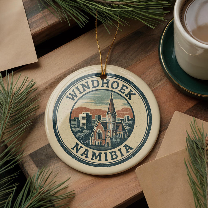 A decorative ornament with the text "WINDHOOK NAMIBIA" on it, featuring an illustration of Namibia's capital Windhoek. The ornament is placed on a wooden surface, surrounded by pine branches and a cup of coffee.