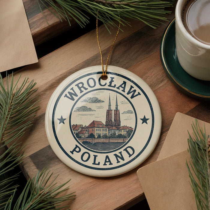 A circular ornament with the text "Wrocław Poland" and an illustration of a city skyline hangs on a wooden surface, surrounded by pine branches and a cup of coffee.
