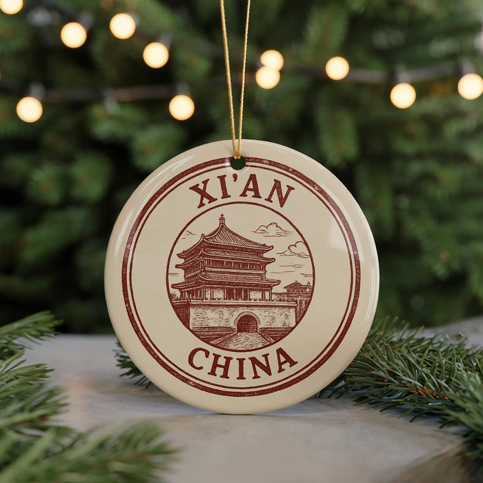 A round ornament with the text "XIAN CHINA" and an illustration of a Chinese temple, hanging from a string against a blurred background of Christmas lights and greenery.