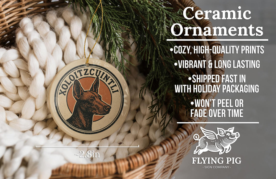 a ceramic ornament hanging from a wicker basket, with a text overlay providing information about the ornament.