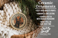 a ceramic ornament hanging from a wicker basket, with a text overlay providing information about the ornament.
