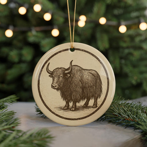 A ceramic ornament featuring a detailed illustration of a yak or yak dog, with a string hanging from it. The ornament is placed on a surface with pine branches in the background, creating a festive and natural setting.