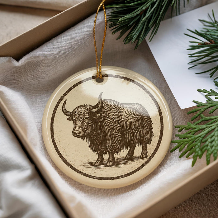 A round ornament featuring a yak or yak-like animal, possibly a yak, is displayed in a box with pine branches.