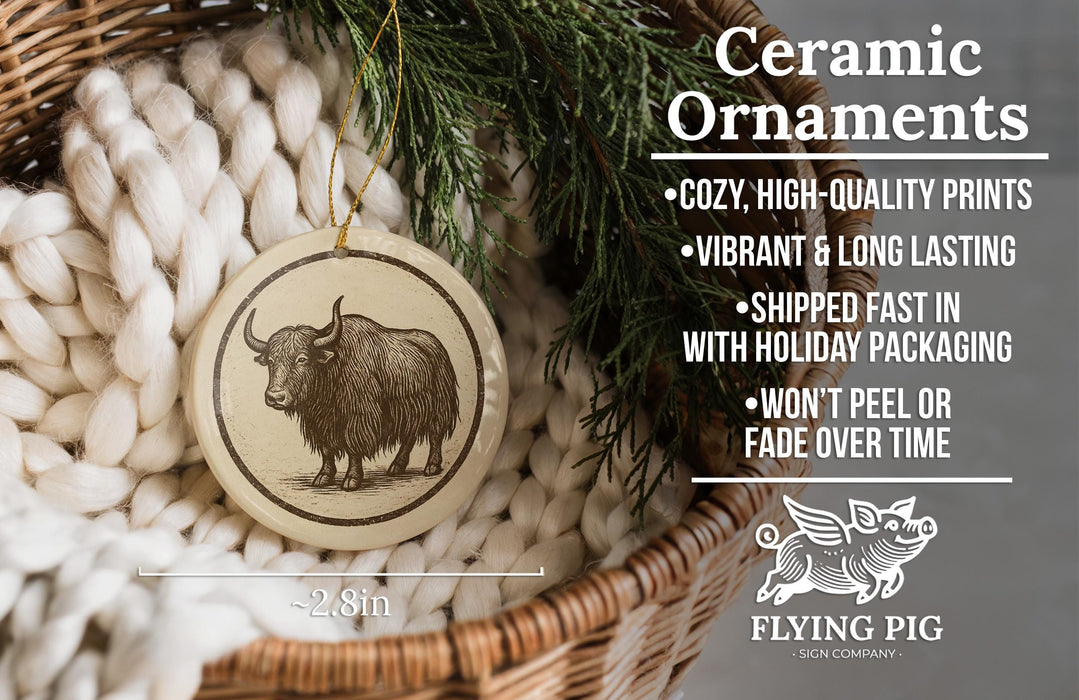 Ceramic ornaments, featuring a ceramic ornament with a yak illustration, are displayed in a wicker basket.