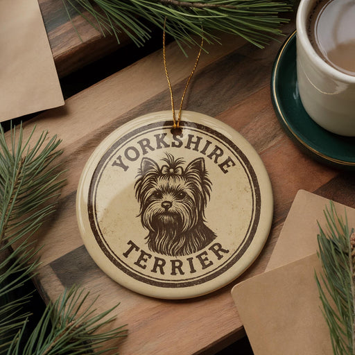 A decorative ornament featuring a Yorkshire Terrier dog is displayed on a wooden surface, surrounded by pine branches and a cup of coffee.