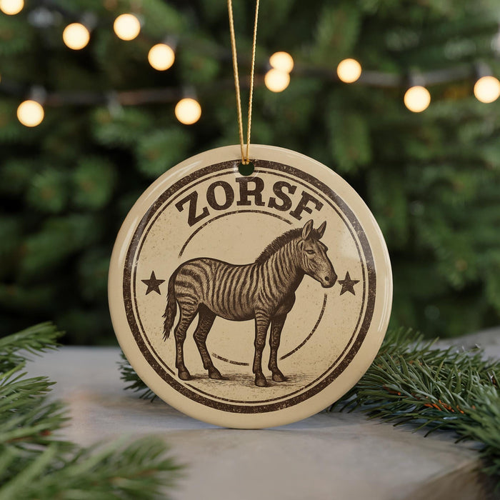 A circular ornament featuring a zebra silhouette, with the word "Zorf" written around the edge.
