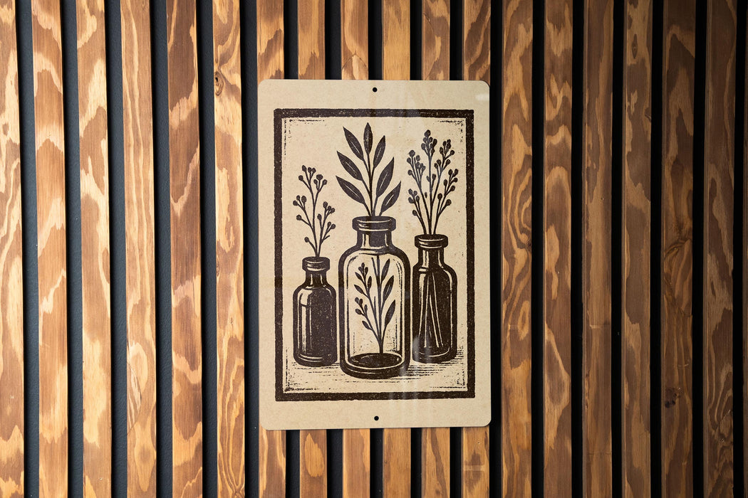 A sign with a black and white illustration of three vases with plants inside, mounted on a wooden wall.