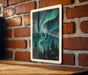 A framed image of a night sky with a stunning display of the Aurora Borealis, or Northern Lights, is hanging on a brick wall.