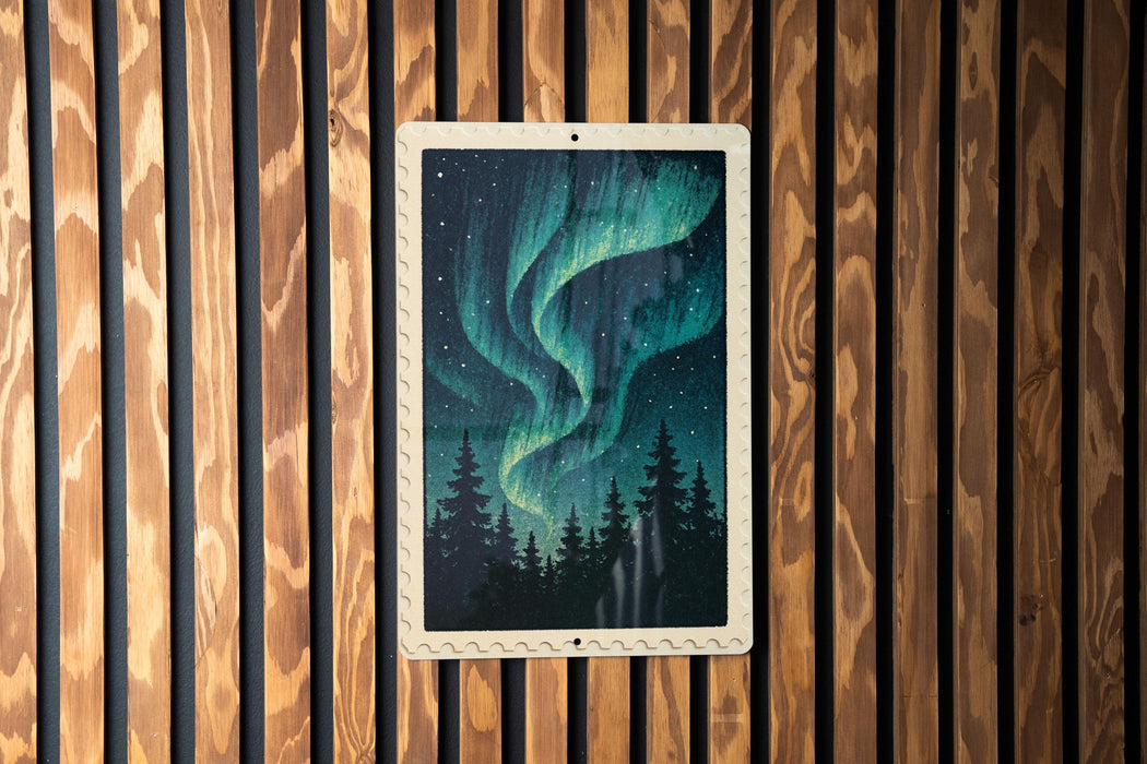 a night sky with a stunning display of the Aurora Borealis, or Northern Lights, illuminating the surrounding landscape with vibrant green and blue hues.