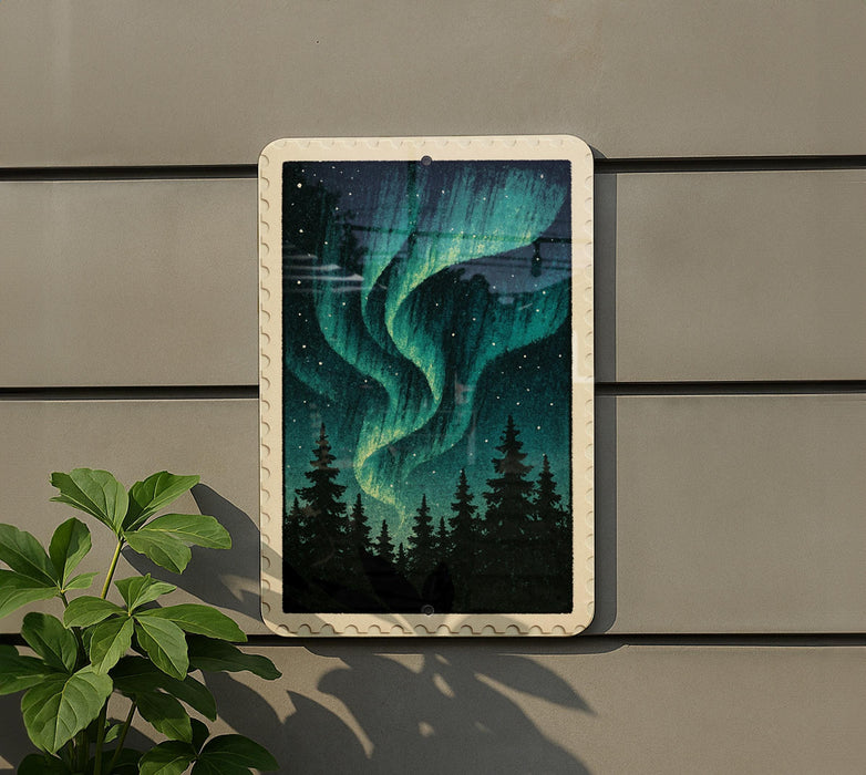 a night sky with a stunning display of the Aurora Borealis, or Northern Lights, illuminating the surrounding landscape with vibrant green and blue hues.