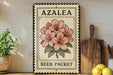 A vintage-style azalea seed packet is displayed on a shelf, accompanied by a potted plant, a wooden cutting board, and some lemons.