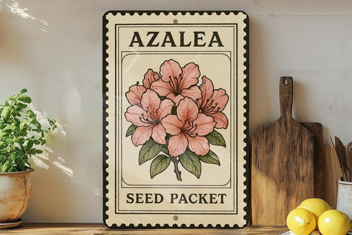 A vintage-style azalea seed packet is displayed on a shelf, accompanied by a potted plant, a wooden cutting board, and some lemons.