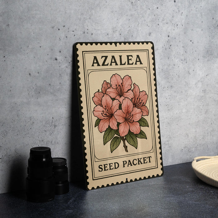 A metal seed packet with a floral design and the text "AZALEA SEED PACKET" is displayed on a table.