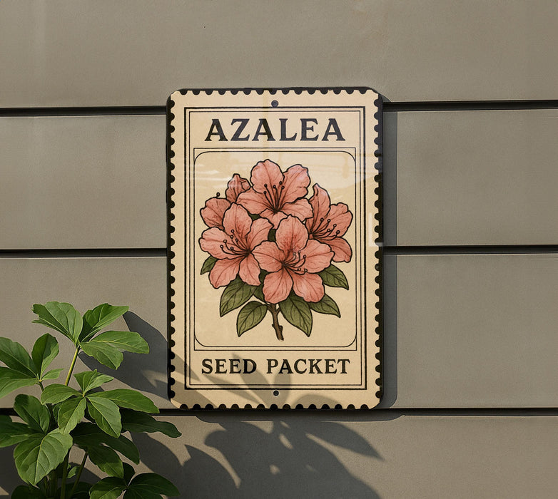 A metal sign with a floral illustration and the text "AZALEA SEED PACKET" is mounted on a gray wall, with a small green plant to the left.