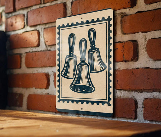 A sign with a graphic of three bells mounted on a brick wall.
