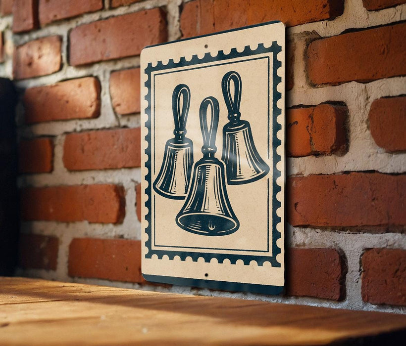 A sign with a graphic of three bells mounted on a brick wall.