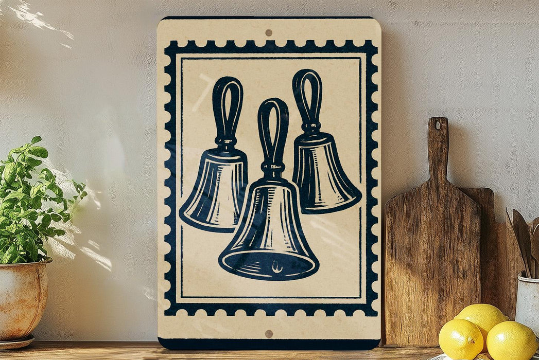 a wooden shelf with various kitchen items, including a potted plant, a wooden cutting board, and a bowl of lemons. There is also a framed illustration of three bells on the shelf.