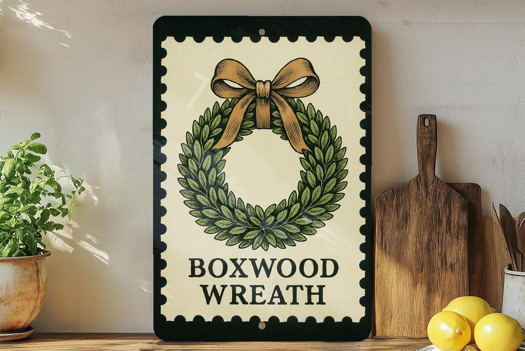 A decorative wreath with a bow on top, placed on a shelf next to a wooden cutting board and some lemons.