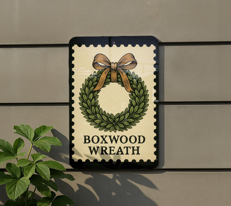 A sign for a "Boxwood Wreath" is displayed on a wall, with a wreath design and a brown ribbon bow.