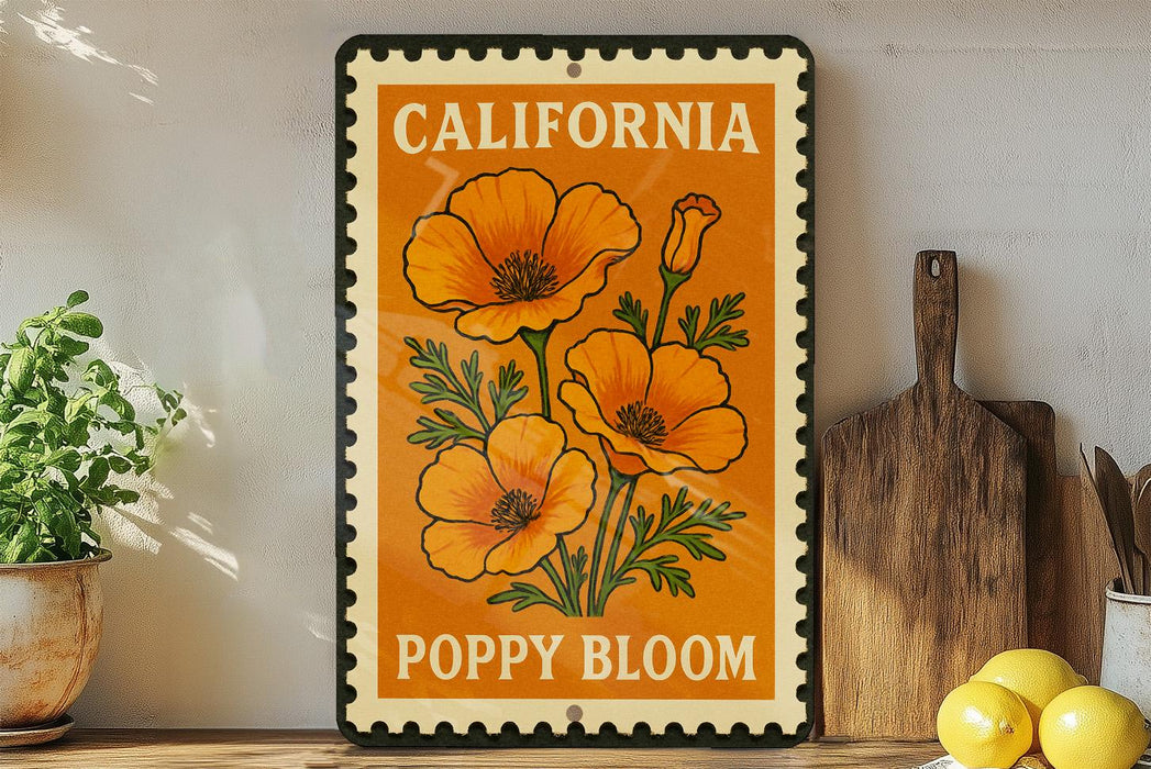 A framed poster of a poppy flower with the text "California Poppy Bloom" is displayed on a shelf next to a wooden cutting board and a potted plant.