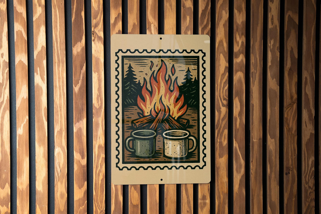 A metal sign with a wood-paneled background hangs on a wall, featuring an illustration of two mugs with a campfire in the background.