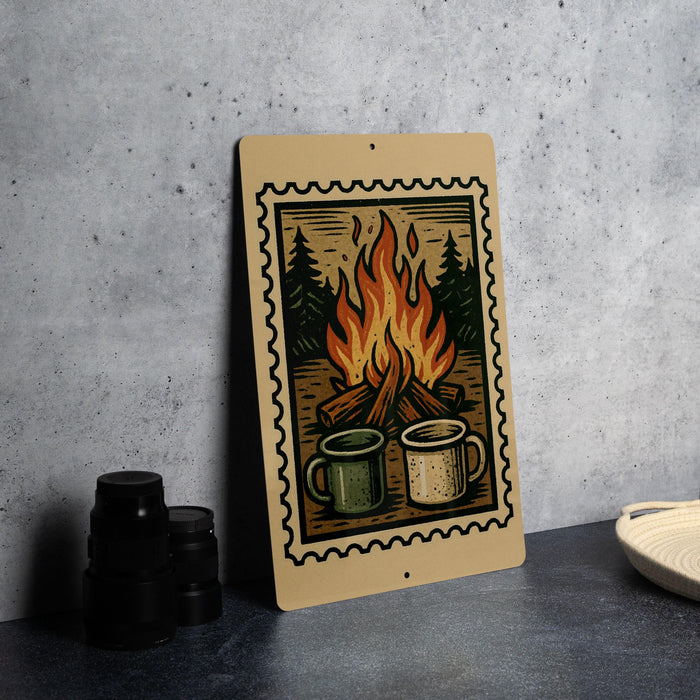 A metal sign with a wooded scene and a campfire, featuring two mugs, is displayed on a countertop.