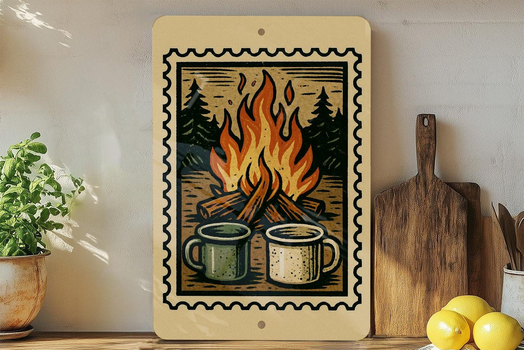 a wooden frame with a printed illustration of two mugs, one green and one white, sitting next to a campfire with flames. The frame is placed on a shelf next to a wooden cutting board and a potted plant.