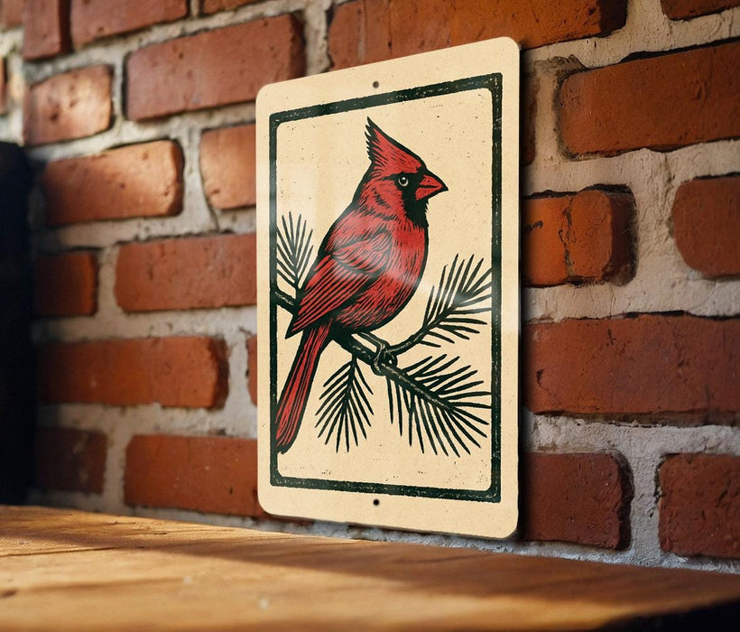 A metal sign featuring a red cardinal perched on a branch is mounted on a brick wall.
