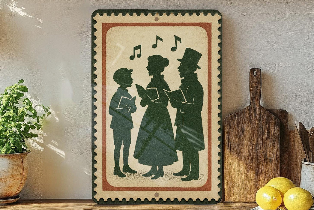 A framed illustration of three people, likely depicting a family or group of friends, is displayed on a shelf next to a wooden cutting board and a potted plant.