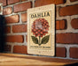 A decorative sign for the flower dahlia, featuring a large illustration of a red dahlia flower with green leaves, mounted on a brick wall.