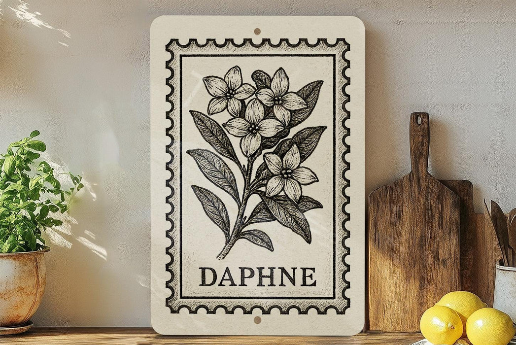 a decorative sign with a floral design, placed on a shelf next to a wooden cutting board and some potted plants.