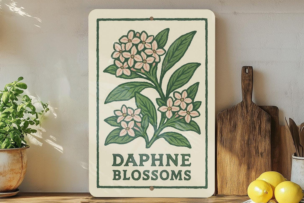 a sign with a floral design, a wooden cutting board, and some potted plants on a shelf.