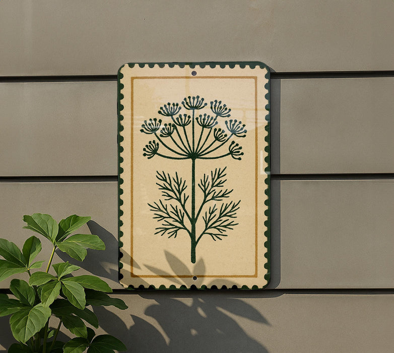 a decorative sign with a plant design on it, mounted on a wall next to a plant.
