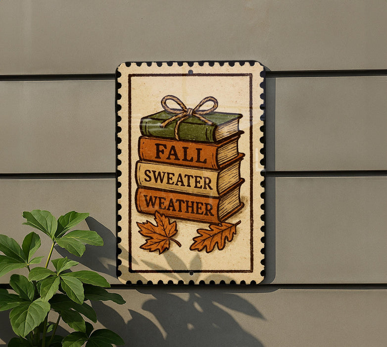 A sign with the text "FALL WEATHER" and an illustration of a stack of books with a bow, accompanied by autumn leaves.