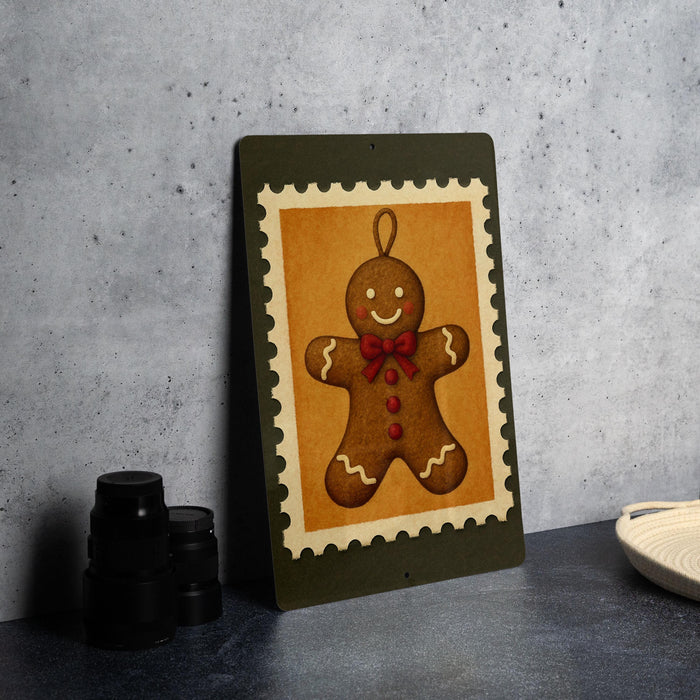 A framed image of a gingerbread man is displayed on a wall, with a stack of black cups and a white dish visible to the side.