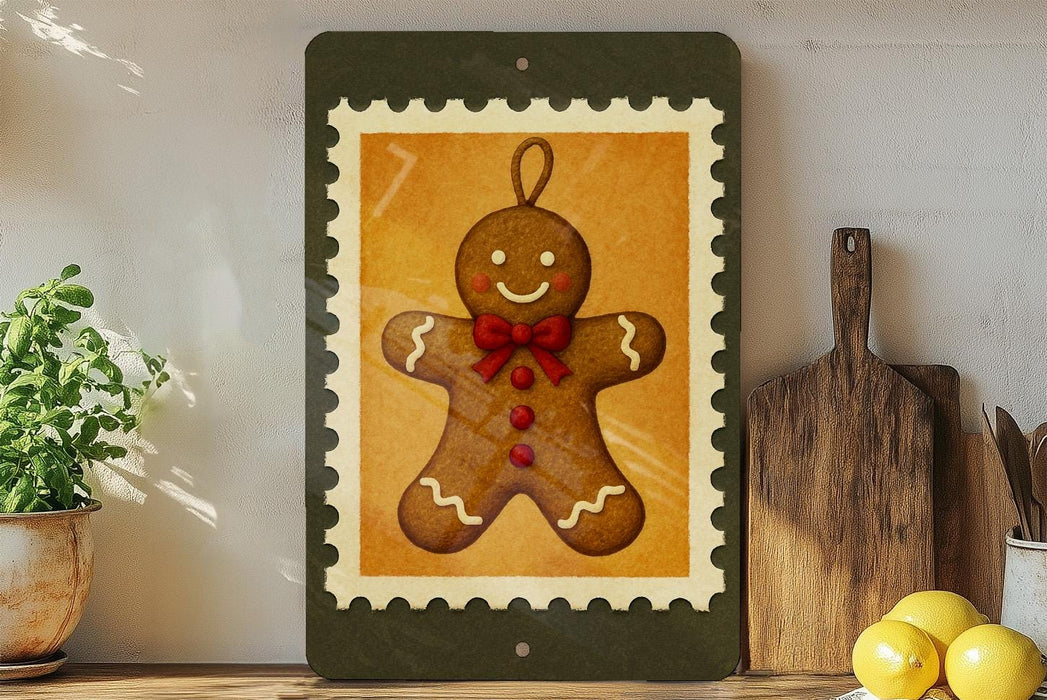 A framed image of a gingerbread man is displayed on a shelf, surrounded by kitchen utensils and a potted plant.
