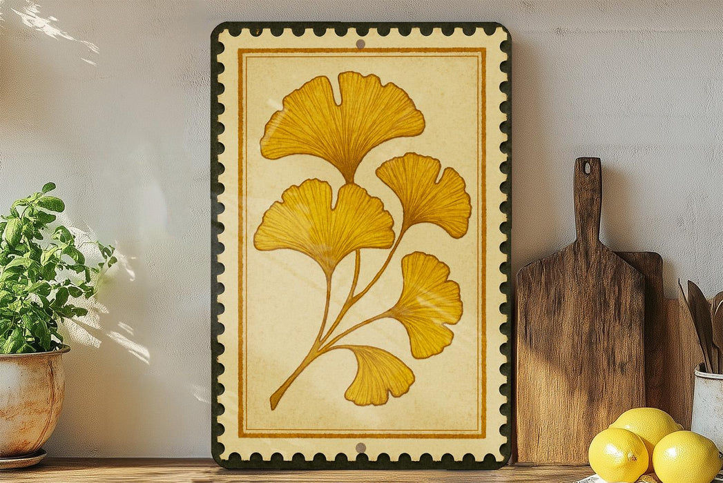 a framed artwork of yellow ginkgo leaves on a wooden shelf, with a potted plant to the left and a wooden cutting board to the right.