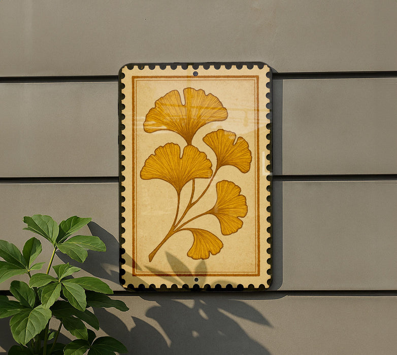 a decorative piece of art with a yellow leaf design, mounted on a wall next to a plant.