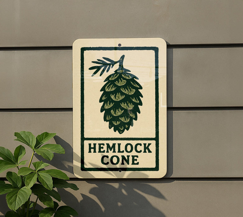 a sign with a pine cone design and the text "HEMLOCK CONE" on it, mounted on a wall.