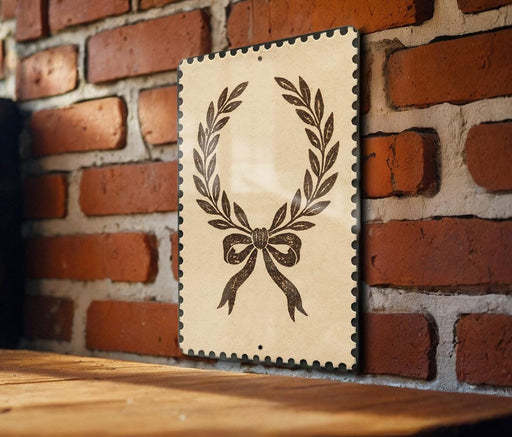 A decorative wreath with a ribbon is displayed on a brick wall, mounted on a wooden surface.