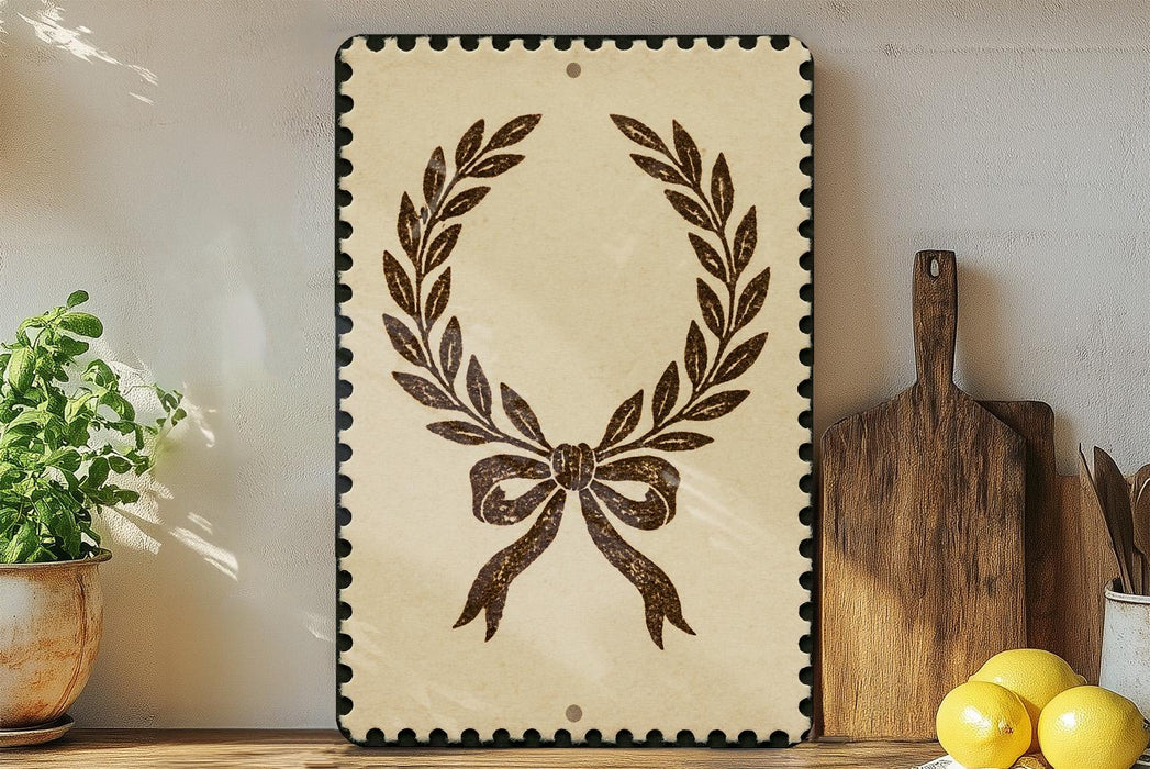 a decorative wreath with a bow on a shelf, accompanied by a wooden cutting board, a potted plant, and some lemons.